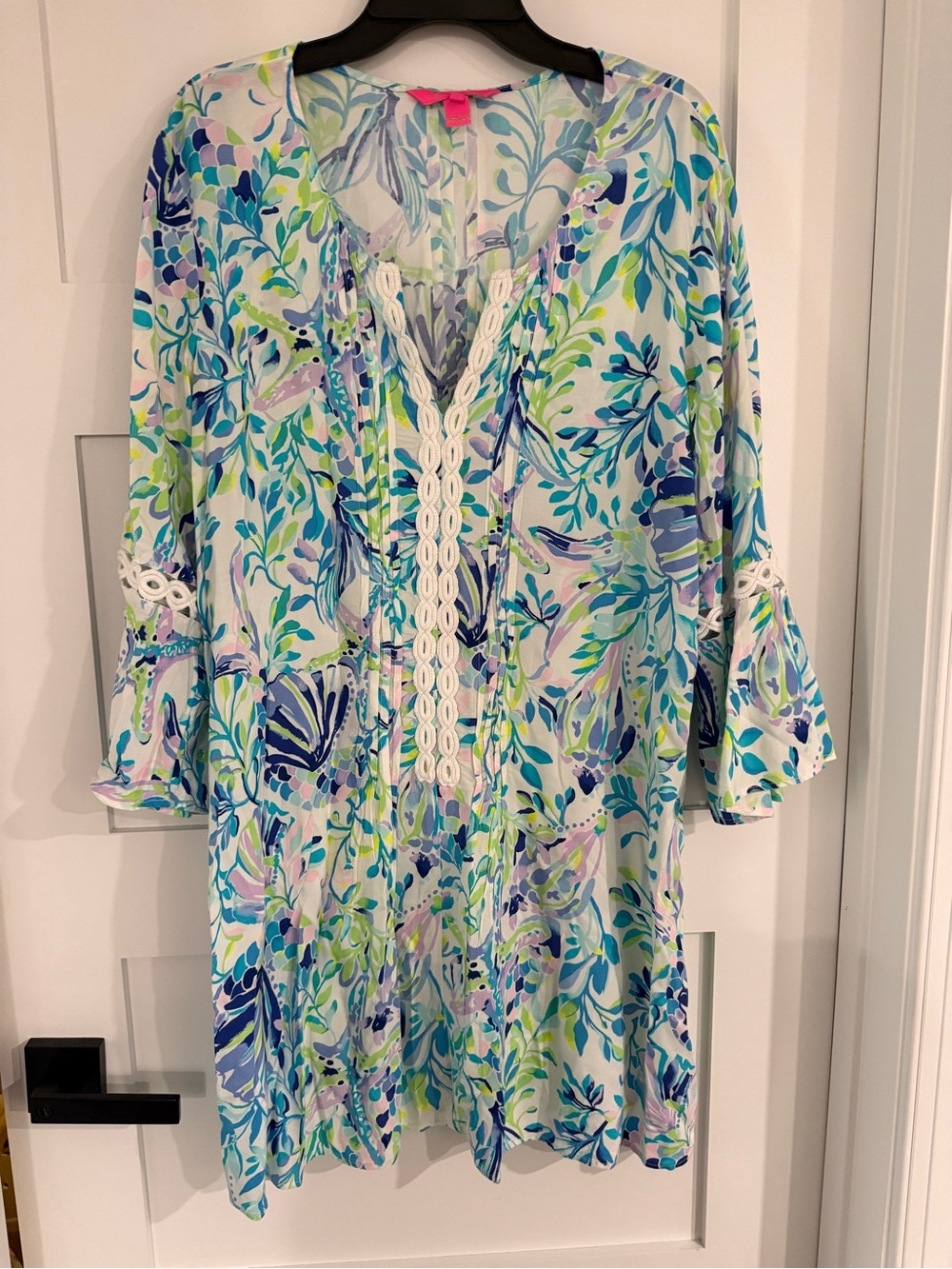 Lilly Pulitzer Blue, Green & White Floral Midi Dress with Lace Trim